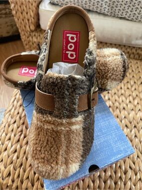 pop Women's Multicolor Brown Plaid Faux Shearling Clog Mules